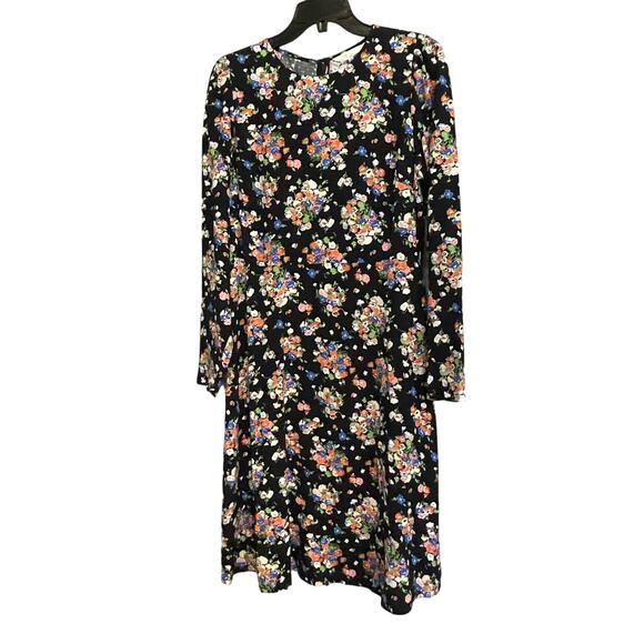 Boden Dress‎ Crew Neck Fit Flare Black Wild Cluster Sz 10L Viscose Long Sleeve - Picture 1 of 10